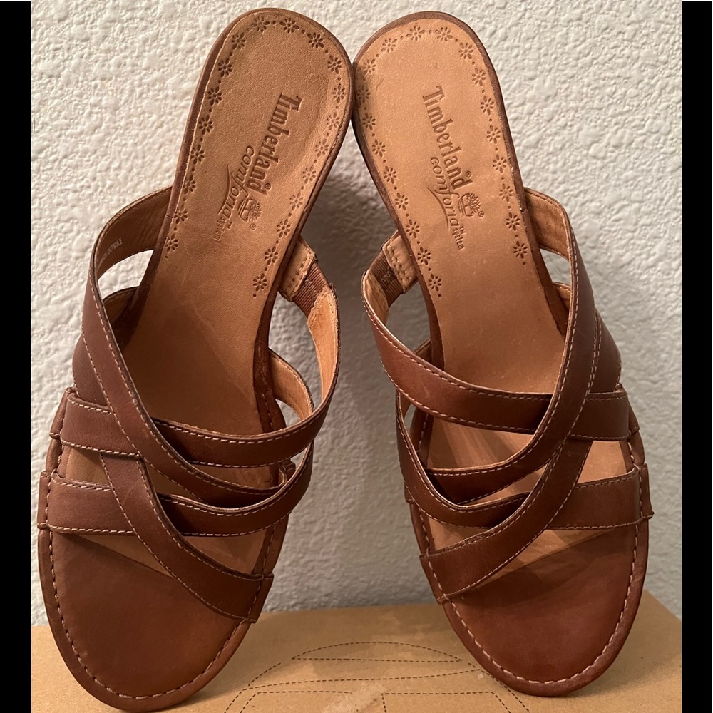 Timberland Women’s Brown Leather Wedge Slide Size  8.5